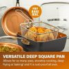 6 Quart XL Nonstick Copper Deep Square All in One 6 Qt Casserole Chef's Pan & Stock Pot- 4 Piece Set, Includes Frying Basket and Steamer Tray